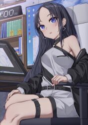 Rule 34 | 1girl, absurdres, belt, black hair, blue eyes, double-parted bangs, earrings, highres, indoors, jacket, jewelry, off shoulder, open clothes, open jacket, original, sitting, toukan