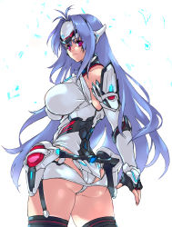 Rule 34 | 1girl, android, ass, breasts, forehead protector, glowing crystal, kos-mos, kos-mos re:, large breasts, leotard, long hair, negresco, red eyes, solo, white leotard, xenoblade chronicles (series), xenoblade chronicles 2, xenosaga