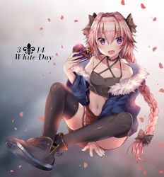 Rule 34 | 1boy, :3, :d, astolfo (fate), bare shoulders, black bow, black footwear, black shirt, black thighhighs, blue jacket, blush, bow, box, braid, casual, collarbone, commentary, crop top, cross, dated, eyes visible through hair, falling petals, fang, fate/apocrypha, fate (series), fingernails, flat chest, full body, fur collar, gift, gift box, glint, hair between eyes, hair bow, hair intakes, halterneck, heart-shaped box, highres, holding, holding gift, jacket, knees apart feet together, long hair, looking at viewer, male focus, midriff, miniskirt, navel, off shoulder, open mouth, petals, pink hair, pleated skirt, purple eyes, red ribbon, red skirt, ribbon, rose petals, shiny clothes, shiny skin, shirt, shoes, sidelocks, signature, single braid, sitting, skirt, sleeveless, sleeveless shirt, smile, solo, stomach, thighhighs, trap, unzipped, usagihime, very long hair, white day, zipper