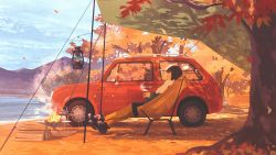 Rule 34 | 1girl, absurdres, autumn, autumn leaves, black footwear, black hair, car, chair, cloud, cloudy sky, commentary request, crossed ankles, cup, dappled sunlight, fire, from side, gemi, highres, holding, holding cup, lake, lantern, motor vehicle, mountain, nissan, nissan pao, original, outdoors, shoes, short hair, sitting, sky, smoke, sneakers, solo, sunlight, tree, vehicle focus, wide shot
