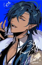 Rule 34 | 1boy, blue background, blue eyes, blue hair, character name, dark-skinned male, dark skin, dated, fangs, genshin impact, hair over one eye, highres, kaeya (genshin impact), low side ponytail, male focus, mgph, one eye covered, open mouth, pointy ears, smile, solo, twitter username