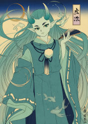 Rule 34 | 1boy, absurdres, aqua horns, blue eyes, blue horns, blue skin, colored skin, fish, floating hair, gradient background, highres, horns, kisumi rei, long sleeves, looking at viewer, luo xiaohei zhanji, male focus, pointy ears, ribbon trim, solo, wide sleeves, xuhuai (the legend of luoxiaohei)
