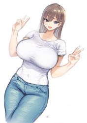 Rule 34 | 1girl, blouse, breasts, brown hair, curvy, denim, hair between eyes, highres, huge breasts, meme50, open mouth, pants, shirt, simple background, smile, solo, v, white background, white shirt