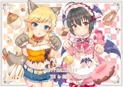 Rule 34 | 2girls, :o, ahoge, animal ears, bare shoulders, black hair, blonde hair, blue eyes, blush, breasts, brown eyes, candy, character name, cherry, cleavage, collar, commentary request, cookie, cupcake, doughnut, english text, food, fruit, hair ornament, happy halloween, head wings, idolmaster, idolmaster cinderella girls, jewelry, kohinata miho, lawson, lolita fashion, long hair, looking at viewer, medium breasts, multiple girls, navel, necklace, ohtsuki yui, open mouth, orange collar, shiitake taishi, short hair, smile, sweet lolita, tail, wavy hair, wings, wolf ears, wolf tail