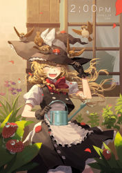 Rule 34 | 1girl, absurdres, animal, animal on head, apron, artist name, bird, bird on head, black gloves, black hat, blonde hair, bow, bowtie, braid, closed eyes, cowboy shot, dated, day, flower, gloves, hand on headwear, hat, hat bow, highres, jira, kirisame marisa, long hair, maid apron, mushroom, on head, open mouth, outdoors, petals, plant, shirt, short sleeves, side braid, skirt, skirt set, smile, solo, standing, time, touhou, vest, water, watering can, window, witch hat