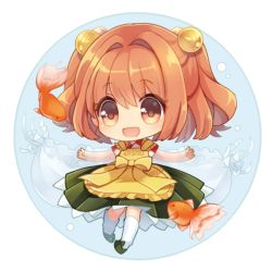 Rule 34 | 1girl, :d, apron, bell, character name, chibi, clothes writing, fish, goldfish, hair bell, hair ornament, japanese clothes, lowres, motoori kosuzu, open mouth, orange eyes, orange hair, round image, see-through, sen1986, smile, solo, touhou, two side up, white legwear, wide sleeves
