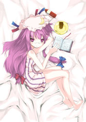 Rule 34 | 1girl, akanagi youto, bad id, bad pixiv id, barefoot, bed, bespectacled, blush, book, cake, female focus, food, full body, glasses, hat, legs, long hair, lying, pastry, patchouli knowledge, purple eyes, purple hair, ribbon, solo, touhou