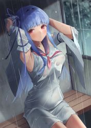 Rule 34 | 1girl, armpits, arms behind head, arms up, bench, blue hair, blue ribbon, blush, breasts, commentary request, covering navel, detached sleeves, dress, embarrassed, hair ribbon, highres, kotonoha aoi, long hair, looking at viewer, neckerchief, no bra, on bench, rain, red eyes, red neckerchief, ribbon, sailor collar, sakura rino, see-through, sidelocks, sitting, skindentation, solo, voiceroid, wet, wet clothes, white dress