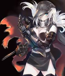 Rule 34 | 1girl, abyssal ship, anchor, aqua eyes, belt, black background, black skirt, blush, breasts, cannon, cape, chain, choker, cleavage, cowboy shot, eriyama e, european water princess, expressionless, floating hair, gauntlets, glowing, helmet, highres, holding, holding weapon, kantai collection, large breasts, long hair, mechanical arms, pale skin, side slit, sidelocks, simple background, single mechanical arm, skirt, thighhighs, weapon, white hair, wind, wind lift