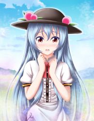 Rule 34 | 1girl, :d, blue hair, blush, collared shirt, crying, crying with eyes open, food, food on head, fruit, fruit on head, gradient background, happy tears, hat, highres, hinanawi tenshi, long hair, object on head, open mouth, peach, red eyes, reimei (r758120518), shirt, smile, solo, tears, touhou, very long hair