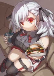 Rule 34 | 1girl, asymmetrical hair, bad id, bad pixiv id, braid, breasts, bubble tea, burger, food, girls&#039; frontline, giving, incoming food, large breasts, looking at viewer, looking up, medium hair, osobachan, red eyes, sidelocks, skindentation, solo, spas-12 (girls&#039; frontline), sweatdrop, twintails, white hair