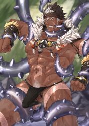 Rule 34 | 1boy, abs, arm tattoo, bar censor, bara, beard, bellsaltr, brown hair, bulge, censored, dark-skinned male, dark skin, erection, erection under clothes, facial hair, headband, highres, jewelry, large pectorals, long sideburns, male focus, muscular, navel, necklace, nipples, pectorals, pointy ears, revealing clothes, saliva, saliva trail, sideburns, solo, spiked hair, stomach tattoo, tangaroa (housamo), tattoo, tentacle sex, tentacles, tentacles on male, thick thighs, thighs, tokyo houkago summoners, toned, toned male, topless male, upper body, white hair, yellow eyes