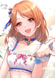 Rule 34 | 1girl, :d, absurdres, blurry, blurry foreground, breasts, bubble, cleavage, collarbone, crop top, frills, hair ornament, highres, hojo karen, idolmaster, idolmaster cinderella girls, jewelry, light blush, long hair, looking at viewer, maou (demonlord), medium breasts, necklace, open mouth, orange eyes, orange hair, outstretched hand, pendant, pink ribbon, ribbon, ribbon trim, sleeveless, smile, solo, teeth, upper body, upper teeth only