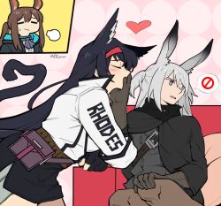 Rule 34 | 3girls, amiya (arknights), animal ear fluff, animal ears, arknights, belt, belt pouch, black cape, black gloves, black hair, black skirt, blaze (arknights), blue eyes, blush, brown hair, brown pantyhose, buckle, cape, cat ears, cat girl, cat tail, closed eyes, commentary, dlanon, english commentary, gloves, grey hair, hairband, heart, heart tail, jacket, jitome, long hair, looking away, looking to the side, miniskirt, multiple girls, open clothes, open jacket, open mouth, pantyhose, partially fingerless gloves, ponytail, pouch, rabbit ears, rabbit girl, red hairband, rejected kiss, savage (arknights), sidelocks, sigh, sitting, skirt, speech bubble, tail, two side up, very long hair, white jacket