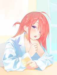 Rule 34 | 1girl, ahoge, blue eyes, blush, collared shirt, commentary, eating, english commentary, eyelashes, hair over one eye, highres, hipa (some1else45), leaning forward, long hair, long sleeves, looking at viewer, mouth hold, no bra, off shoulder, original, parted bangs, pill, pink hair, shadow, shirt, sidelocks, sitting, solo, some1else45, teeth, upper body, white shirt