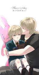 Rule 34 | 10s, 2boys, bad id, bad pixiv id, barnaby brooks jr., blonde hair, child, citric512, crying, dual persona, glasses, green eyes, highres, hug, jewelry, male focus, multiple boys, necklace, aged up, picture frame, shorts, stuffed animal, stuffed rabbit, stuffed toy, tears, tiger &amp; bunny, time paradox, toy robot, white background, aged down