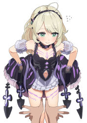 Rule 34 | 1boy, 1girl, absurdres, ahoge, bare shoulders, black dress, black gloves, blonde hair, bodypaint, clothes lift, clothing cutout, detached sleeves, dorontabi, dress, dress lift, feet out of frame, flat chest, flying sweatdrops, gloves, hairband, highres, idolmaster, idolmaster cinderella girls, lifted by self, light smile, looking down, navel cutout, pov, pov hands, sleeveless, sleeveless dress, yusa kozue