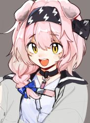 Rule 34 | 1girl, :d, animal ears, arknights, black hairband, blue bow, bow, braid, breasts, cat ears, collar, goldenglow (arknights), grey background, hair bow, hairband, highres, jacket, lightning bolt print, long hair, looking at viewer, meyou084, open clothes, open jacket, open mouth, pink hair, shirt, side braid, simple background, sketch, smile, solo, sweatdrop, upper body, white jacket, white shirt, yellow eyes