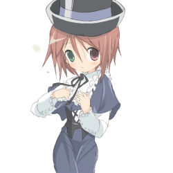 Rule 34 | 00s, 1girl, bad id, bad pixiv id, brown hair, core (mayomayo), female focus, hat, heterochromia, rozen maiden, short hair, simple background, solo, souseiseki, white background