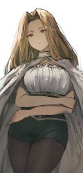 Rule 34 | 1girl, black pantyhose, black shorts, blonde hair, breasts, cape, cherre, commentary, crossed arms, english commentary, highres, long hair, looking at viewer, medium breasts, methode (sousou no frieren), pantyhose, shorts, simple background, solo, sousou no frieren, standing, white background, white cape