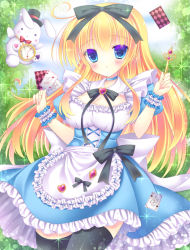 Rule 34 | 1girl, alice (alice in wonderland), alice in wonderland, bad id, bad pixiv id, black thighhighs, blonde hair, blue eyes, breasts, card, cleavage, dress, hat, key, kouta., large breasts, long hair, mini hat, mini top hat, playing card, pocket watch, rabbit, solo, thighhighs, top hat, watch