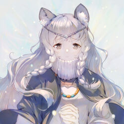 Rule 34 | 1girl, animal ear fluff, animal ears, arknights, black cloak, braid, braided sidelock, chinese commentary, cloak, commentary request, dress, grey background, grey eyes, grey hair, head chain, high collar, jewelry, leopard ears, leopard girl, long hair, looking at viewer, necklace, own hands clasped, own hands together, parted lips, pramanix (arknights), snow, solo, twin braids, white dress, youra5