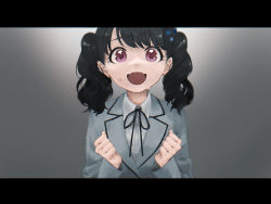 Rule 34 | 1girl, artist request, black hair, black ribbon, blazer, clenched hands, commentary request, fangs, flower, fukumaru koito, gradient background, grey background, grey jacket, hair flower, hair ornament, highres, idolmaster, idolmaster shiny colors, jacket, letterboxed, looking at viewer, medium hair, neck ribbon, open mouth, purple eyes, ribbon, school uniform, shirt, skin fangs, solo, sweatdrop, twintails, upper body, white shirt