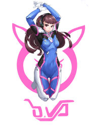 Rule 34 | 1girl, absurdres, animal print, arms up, beudyek, blue bodysuit, blush, bodysuit, breasts, brown eyes, brown hair, closed mouth, covered navel, d.va (overwatch), facial mark, gloves, headphones, highres, holding own wrist, long hair, looking at viewer, medium breasts, no shoes, overwatch, overwatch 1, pilot suit, rabbit print, ribbed bodysuit, shoulder pads, solo, very long hair, whisker markings, white background, white gloves