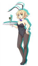 Rule 34 | 1girl, alternate costume, animal ears, bare shoulders, blonde hair, bow, bowtie, breasts, cleavage, cup, detached collar, fake animal ears, green eyes, high heels, highres, isaki (gomi), leotard, looking at viewer, mizuhashi parsee, pantyhose, playboy bunny, pointy ears, rabbit ears, rabbit tail, simple background, solo, tail, touhou, tray, white background, wrist cuffs