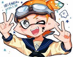 Rule 34 | 1boy, bright pupils, commentary request, cropped torso, dated, double v, facial mark, goggles, goggles on head, grey eyes, inkling, inkling boy, inkling player character, male focus, nintendo, one eye closed, open mouth, orange hair, pointy ears, sailor collar, sailor shirt, shigeng0mi, shirt, short hair, smile, solo, splatoon (series), splatoon 3, star (symbol), star facial mark, teeth, tentacle hair, translation request, upper body, upper teeth only, v, v-shaped eyebrows, white background, white pupils