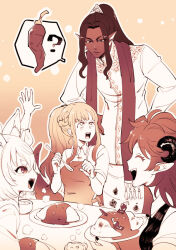 Rule 34 | 1boy, 3girls, animal ear fluff, apron, bishounen, braid, brown background, brown theme, cat girl, closed eyes, closed mouth, collared shirt, colored eyelashes, commentary request, curled horns, curry, curry rice, dark-skinned male, dark skin, demon girl, demon horns, fingernails, fins, food, furry, furry female, gensoudanshi, gradient background, hands on own hips, hands up, head fins, high ponytail, horns, indian clothes, lamia boy, long hair, long sleeves, looking at another, looking at food, looking up, monochrome, monster boy, multiple girls, original, pointy ears, rice, sharp fingernails, shirt, sidelocks, simple background, table, upper body