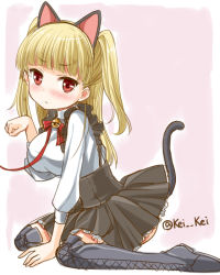 Rule 34 | 1girl, animal ears, bell, blonde hair, blush, boots, cat ears, cat tail, collar, cross-laced footwear, fake animal ears, kei kei, kemonomimi mode, lace-up boots, leash, long hair, long shadow, looking at viewer, neck bell, paw pose, red eyes, shirt, sitting, skirt, solo, tail, thigh boots, thighhighs, tokyo 7th sisters, two side up, uesugi u. kyouko, wariza, zettai ryouiki