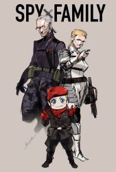 Rule 34 | 1girl, 2boys, aged down, assault rifle, beret, blonde hair, bodysuit, crossover, family, glasses, gun, hat, highres, ikuyoan, m16, metal gear (series), metal gear solid 3: snake eater, multiple boys, parody, revolver ocelot, rifle, spy x family, the boss, the sorrow, weapon