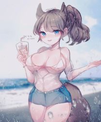 Rule 34 | 1girl, animal ears, beach, bead bracelet, beads, bikini, bikini top only, blue eyes, blush, bracelet, breasts, brown hair, covered erect nipples, cowboy shot, cup, denim, denim shorts, drinking straw, highres, ice, ice cube, jewelry, large breasts, ocean, open clothes, open mouth, original, sand, see-through, shirt, shorts, smile, solo, swimsuit, tail, water drop, white shirt, wide ponytail, yomi yojo