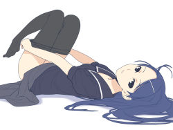 Rule 34 | 1girl, blue hair, dress, feet, hair ornament, hairclip, highres, ino (magloid), long hair, looking at viewer, lying, mochizuki nonoka, no shoes, on back, otome function, sailor dress, short sleeves, simple background, sketch, soles, solo, thighhighs, thighhighs pull