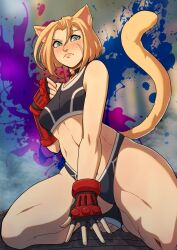 Rule 34 | angry, animal ears, blonde hair, blue eyes, blurry, blurry background, blush, cammy white, cat ears, cat tail, choker, fighting stance, fingerless gloves, gloves, highres, kinkymation, official alternate costume, ringed eyes, scar, short hair, sitting, sports bikini, sports bra, street fighter, street fighter 6, tail, underwear, underwear only
