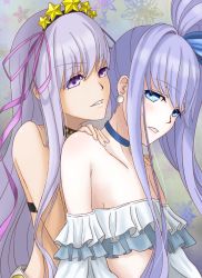 Rule 34 | 2girls, bare shoulders, bb (fate), bb (fate) (all), bb (swimsuit mooncancer) (fate), bb (swimsuit mooncancer) (second ascension) (fate), bikini, blue eyes, blue ribbon, blush, breasts, choker, collarbone, earrings, fate/grand order, fate (series), frilled bikini, frills, hair ornament, hair ribbon, hairband, hands on another&#039;s shoulders, jewelry, long hair, long sleeves, looking at viewer, meltryllis, meltryllis (fate), meltryllis (swimsuit lancer) (fate), meltryllis (swimsuit lancer) (third ascension) (fate), multiple girls, niizuma 444, off-shoulder bikini, off shoulder, puffy sleeves, purple bikini, purple eyes, purple hair, purple ribbon, ribbon, side ponytail, small breasts, star (symbol), star hair ornament, swimsuit, tan, very long hair, white bikini