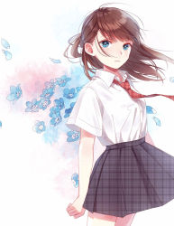 Rule 34 | blue eyes, brown hair, hami yura, highres, necktie, original, petals, school uniform, shirt, skirt, white shirt, wind