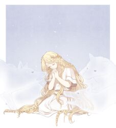 Rule 34 | 1boy, androgynous, blonde hair, braid, closed eyes, donar0217, dress, elden ring, kneeling, korean commentary, long hair, miquella (elden ring), multiple braids, own hands together, praying, simple background, trap, very long hair, white dress, wolf, wreath