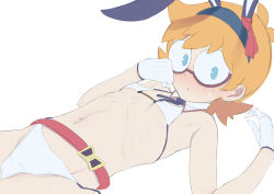 Rule 34 | 1girl, blue eyes, breasts, flat chest, glasses, little witch academia, lotte jansson, lying, namidate, navel, orange hair, rabbit ears, small breasts, solo, white background