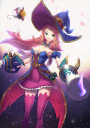 Rule 34 | 1girl, alternate costume, bare shoulders, bat (animal), belt, bewitching miss fortune, breasts, brooch, brown hair, candle, cleavage, detached collar, dress, dual wielding, fire, gold trim, gradient background, green eyes, hat, hat belt, highres, holding, jewelry, league of legends, lolittleboy, long hair, medium breasts, miss fortune (league of legends), pink dress, pink thighhighs, purple fire, smle, thighhighs, witch hat