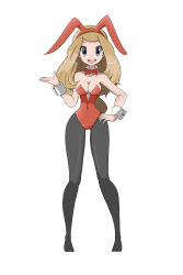 Rule 34 | 1girl, absurdres, animal ears, bare shoulders, black pantyhose, breasts, brown hair, cleavage, collar, collarbone, covered navel, creatures (company), fake animal ears, full body, game freak, grey eyes, hand on own hip, highres, legs, leotard, long hair, looking at viewer, lucyfer, medium breasts, nintendo, no shoes, open mouth, pantyhose, playboy bunny, pokemon, pokemon xy, rabbit ears, serena (pokemon), simple background, smile, solo, standing, teeth, toes, tongue, upper teeth only, white background, wide hips, wrist cuffs