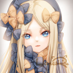 Rule 34 | 1girl, abigail williams (fate), bad id, bad pixiv id, black bow, blonde hair, blue eyes, bow, close-up, expressionless, fate/grand order, fate (series), grey background, hair bow, haneru, long hair, looking at viewer, multiple hair bows, orange bow, parted lips, signature, solo