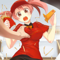 Rule 34 | 1girl, :o, bad id, bad pixiv id, blush, grabbing another&#039;s breast, breasts, employee uniform, fast food uniform, food, french fries, grabbing, hataraku maou-sama!, highres, impossible clothes, large breasts, looking at viewer, open mouth, polo shirt, red eyes, red hair, sasaki chiho, short hair, solo focus, takeda yukimura, tears, twintails, uniform, visor cap
