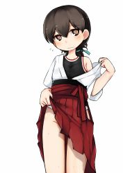 Rule 34 | 1girl, black hair, blush, breasts, brown eyes, clothes lift, flying sweatdrops, folded ponytail, hair between eyes, hair ribbon, hakama, hakama lift, hakama skirt, harukaze unipo, hip vent, japanese clothes, kantai collection, kasuga maru (kancolle), lifted by self, medium breasts, no panties, ponytail, red hakama, ribbon, short sleeves, simple background, skirt, solo, undershirt, white background