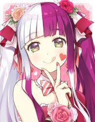 Rule 34 | 1girl, blunt bangs, bow, bowtie, closed mouth, detached collar, facial mark, fingernails, flower, green eyes, hair flower, hair ornament, hand up, heart, heart facial mark, kano hito, looking at viewer, multicolored hair, nail polish, orange flower, original, purple hair, red flower, red nails, sidelocks, single bare shoulder, smile, solo, split-color hair, striped bow, striped bowtie, striped clothes, striped neckwear, tongue, tongue out, twintails, two-tone hair, upper body, v, white flower, white hair