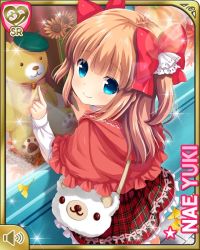 Rule 34 | 1girl, bag, blue eyes, bow, brown hair, character name, closed mouth, dress, girlfriend (kari), hair bow, handbag, long hair, official art, pink bow, qp:flapper, red dress, ribbon, smile, solo, standing, stuffed animal, stuffed toy, teddy bear, toy store, two side up, white bow, white legwear, window, yuuki nae
