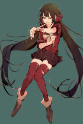Rule 34 | 1girl, applying bandages, bandaged arm, bandages, blood, blunt bangs, bow, bowtie, brown footwear, brown skirt, chinese commentary, clenched teeth, commentary request, crying, crying with eyes open, cuts, danganronpa (series), danganronpa v3: killing harmony, full body, grey background, hands up, harukawa maki, highres, injury, knees together feet apart, long hair, looking at viewer, mouth hold, plaid, plaid skirt, red eyes, red scrunchie, red shirt, red thighhighs, scrunchie, shirt, shoes, simple background, skirt, solo, tears, teeth, thighhighs, tian (my dear), torn clothes, torn thighhighs, twintails, very long hair, white bow, white bowtie