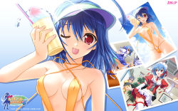 Rule 34 | 1990s (style), blue background, breasts, cleavage, copyright name, covered erect nipples, food, fruit, game cg, gradient background, highres, kitagawa sora, multiple views, murakami suigun, official art, official wallpaper, panties, pantyshot, photo (object), pia carrot (series), pia carrot e youkoso!!, pia carrot e youkoso!! 4, retro artstyle, school uniform, shaved ice, slingshot swimsuit, strawberry, swimsuit, thighhighs, underwear, waitress, wallpaper