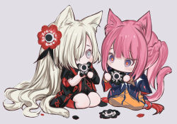Rule 34 | 2girls, anemone (flower), animal ears, black coat, black flower, blue eyes, blue jacket, blush, braid, cat ears, cat girl, cat tail, chibi, coat, dainatsu, dress, eating flower, flower, french braid, full body, grey background, grey eyes, hair flower, hair ornament, hair over one eye, isekai joucho, jacket, kaf (kamitsubaki studio), kamitsubaki studio, long hair, looking at another, multicolored coat, multicolored eyes, multicolored hair, multiple girls, orange dress, pink hair, ponytail, red coat, red hair, seiza, simple background, sitting, sketch, tail, two-tone coat, two-tone hair, very long hair, virtual youtuber, white hair, yellow pupils